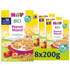 HiPP Bio Beeren-Müesli (8 x 200g), ab 12. Monat, ohne Zuckerzusatz, besonders fine Stückchen - leicht zu chewen, in bester Bio-Qualität