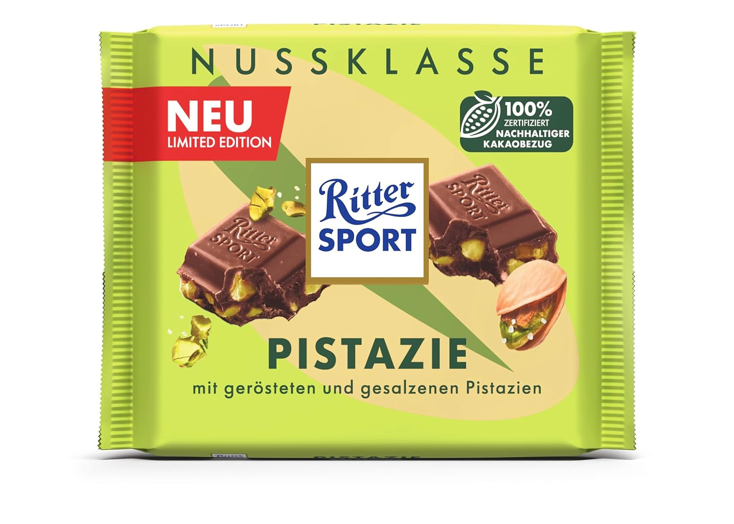 Ritter Sport Pistachio, milk chocolate with fine pieces of pistachio, a chocolate classic, perfect for snacking and enjoying, a great gift idea, 12 bars x 100g