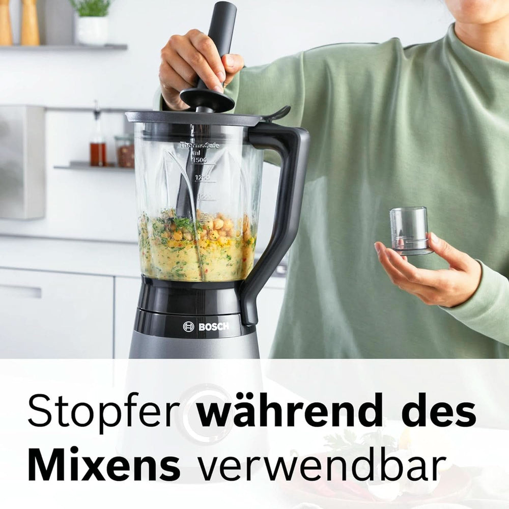 Bosch Standmixer Vitapower Serie 4 MMB6177S, Edelstahl-Klingen Made in Germany, 1.5L Thermosafe Glasbehälter, 0.6L To-Go-Flasche, Stopfer, Universalzerkleinerer, 30,000 U/Min, 1200 W, Silver Kitchen Naty Shop