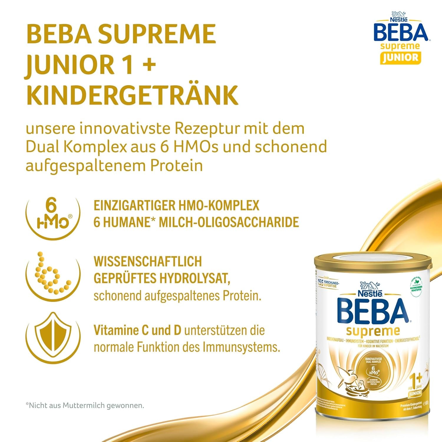 BEBA SUPREME JUNIOR 1 Plus - Drink for children from 1 year, with complex 6 HMO, lactose free, palm oil free, fish oil free, food for small children, baby milk powder, pack of 6 (6 x 800g)
