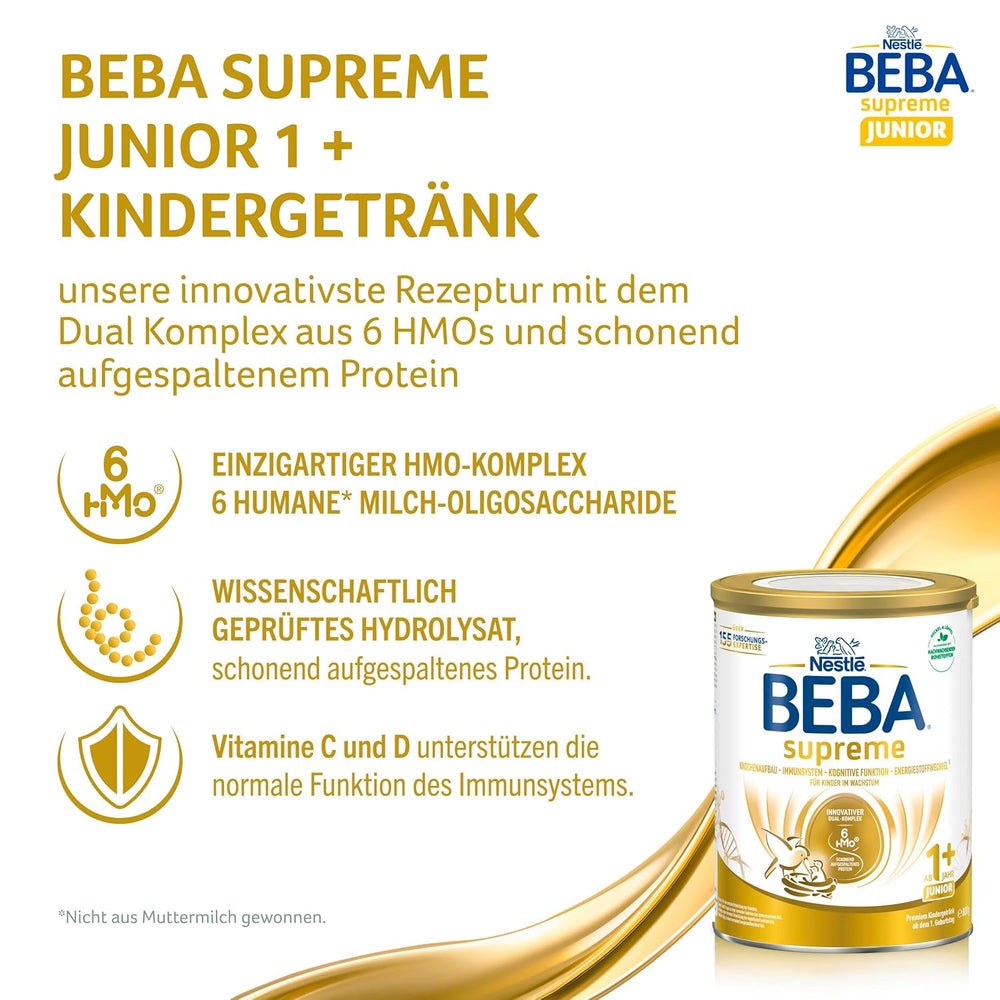 BEBA SUPREME JUNIOR 1 Plus - Drink for children from 1 year, with complex 6 HMO, lactose free, palm oil free, fish oil free, food for small children, baby milk powder, pack of 6 (6 x 800g)