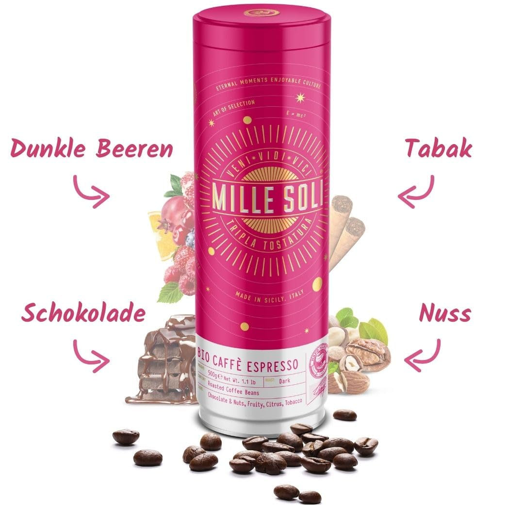 Boabe de espresso organice 500g într-o cutie de cafea etanșă - calitate superioară și reutilizabile - boabe de cafea premium prăjite în Sicilia