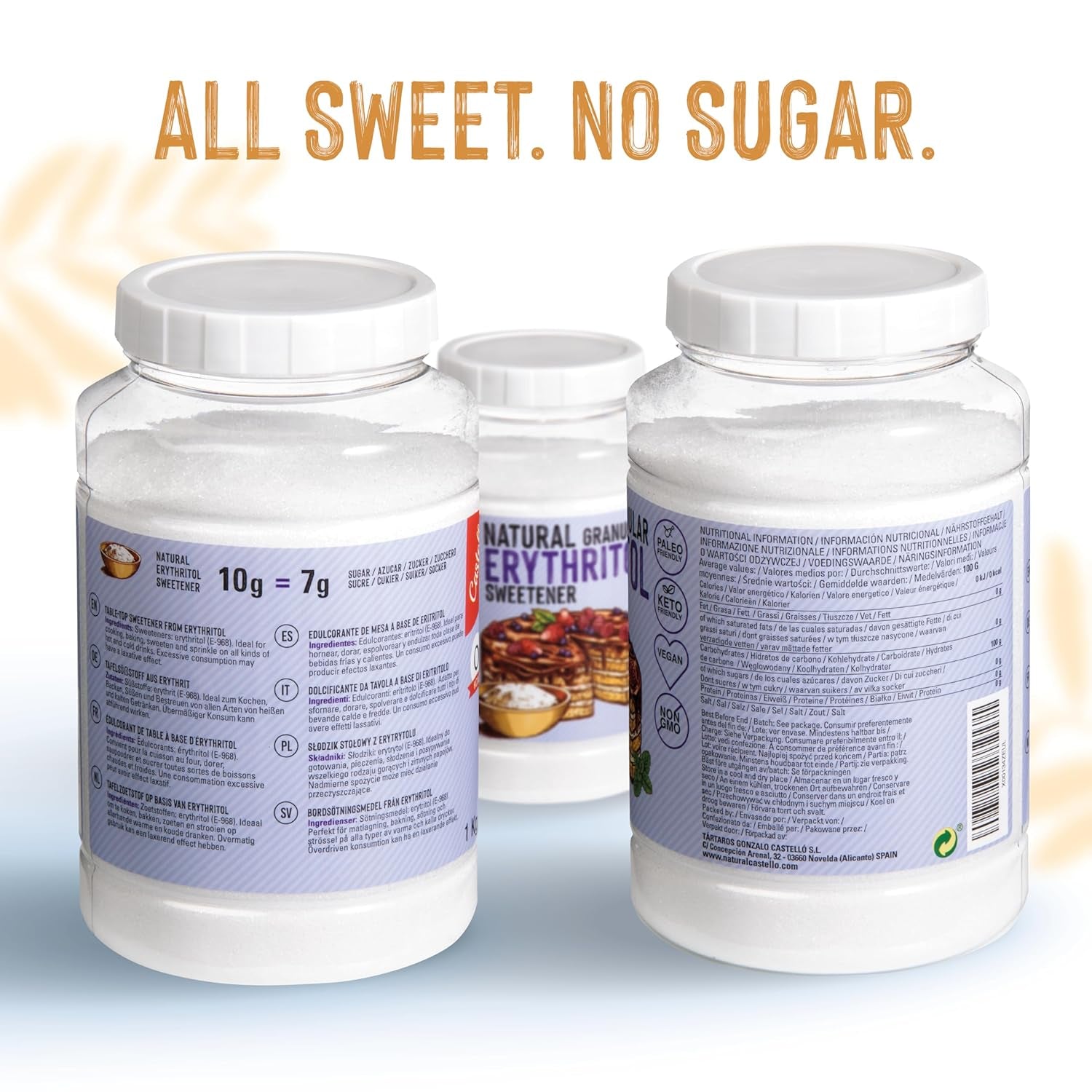 Natürliches Erythrit - Kristallzucker | 10G = 7G Zucker | Natürlicher Zuckerersatz - 0 Kalorien - 0 Glykämischer Index - Keto Und Paleo - 0 Netto-Kohlenhydrate - Kein GVO - Castello since 1907-1Kg Sweeteners Naty Shop