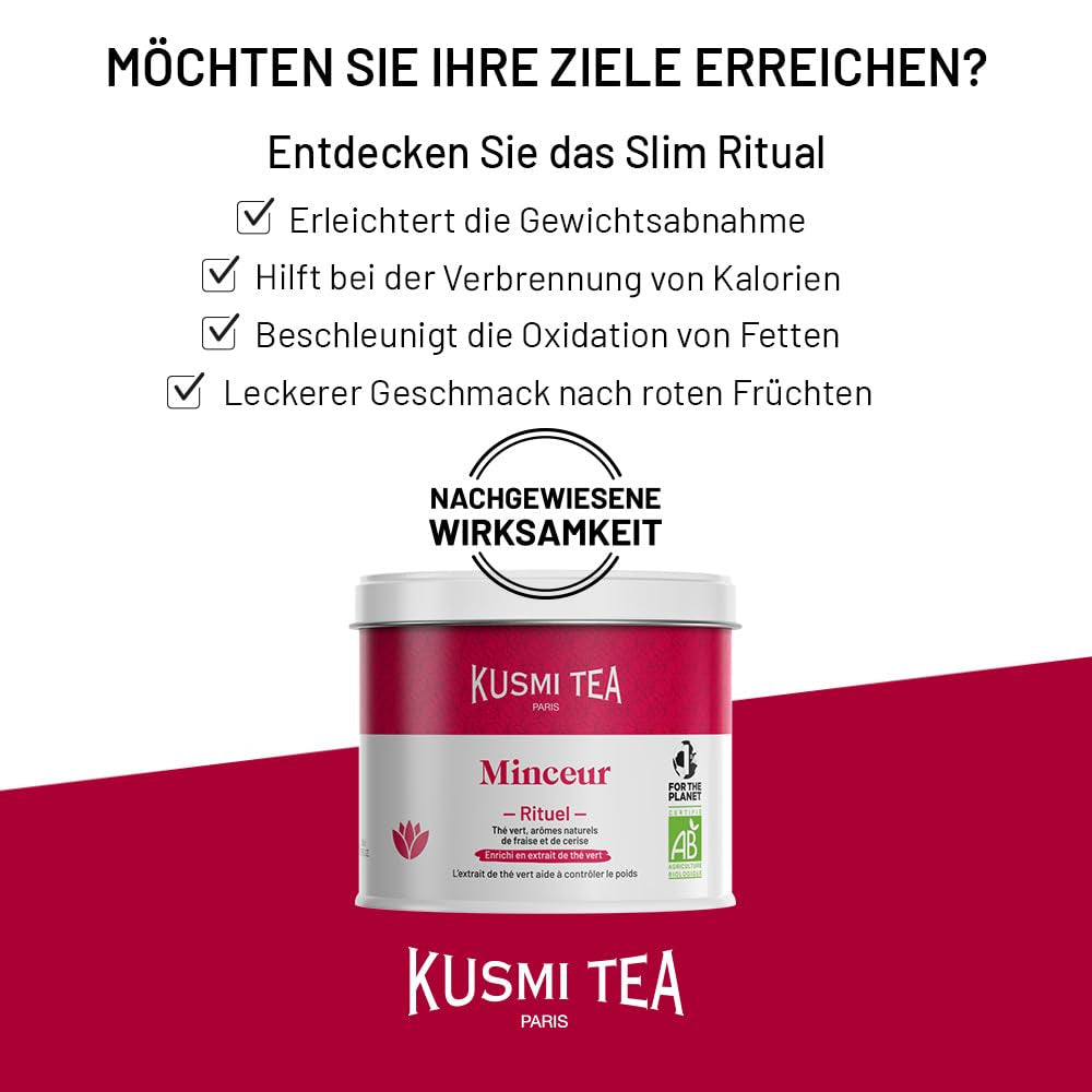 Kusmi Tea - Slim Ritual - Ceai pentru slăbit - Îmbogățit cu extract de ceai verde - Facilitează pierderea în greutate - Căpșuni și cireșe - Ceai vrac - Cutie metalică de 100 g pentru aproximativ 50 de cești