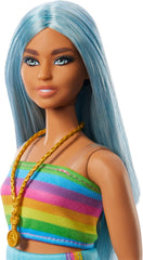 Barbie Fashionistas doll no. 218 with long blue hair, rainbow top and turquoise skirt, 65th birthday collectible fashion doll, HRH16 Naty Shop Dolls