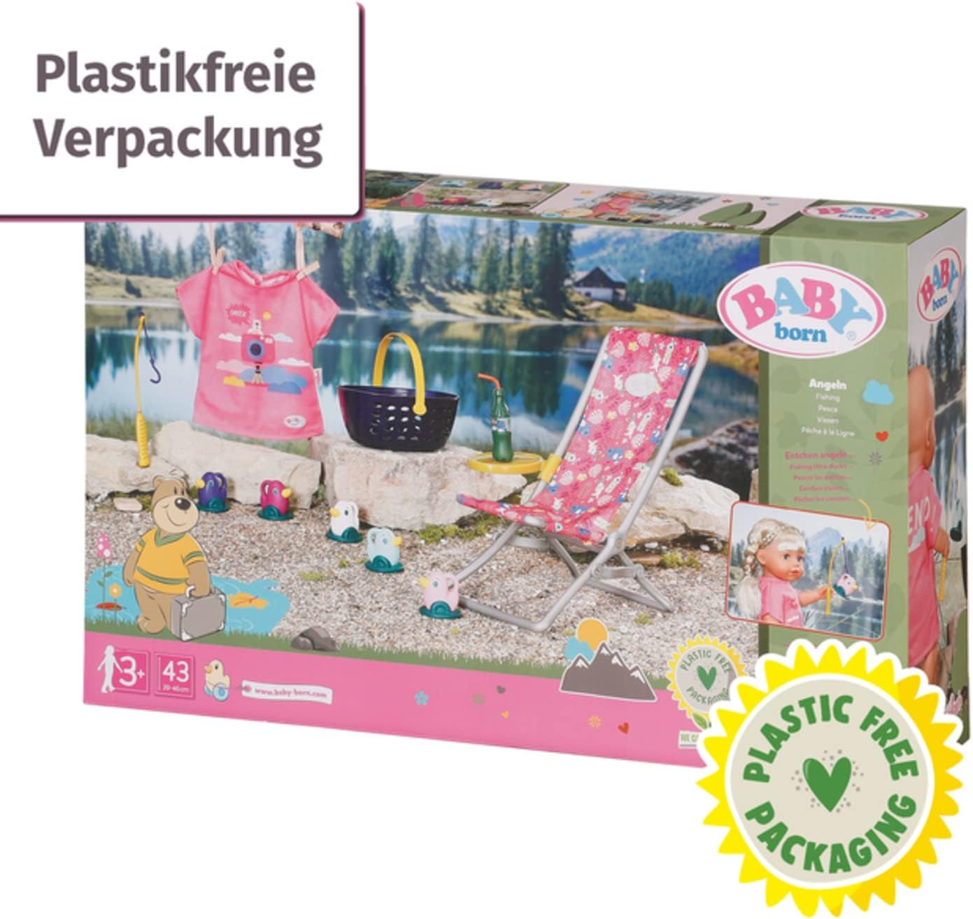 BABY born 832790 Weekend Fishing - Set de accesorii pentru păpuși pentru pescuit cu șezlong cu imprimeu viu, măsuță laterală, sticlă, coșuleț, rățuște și undiță, precum și cămașă lungă roz, Roz