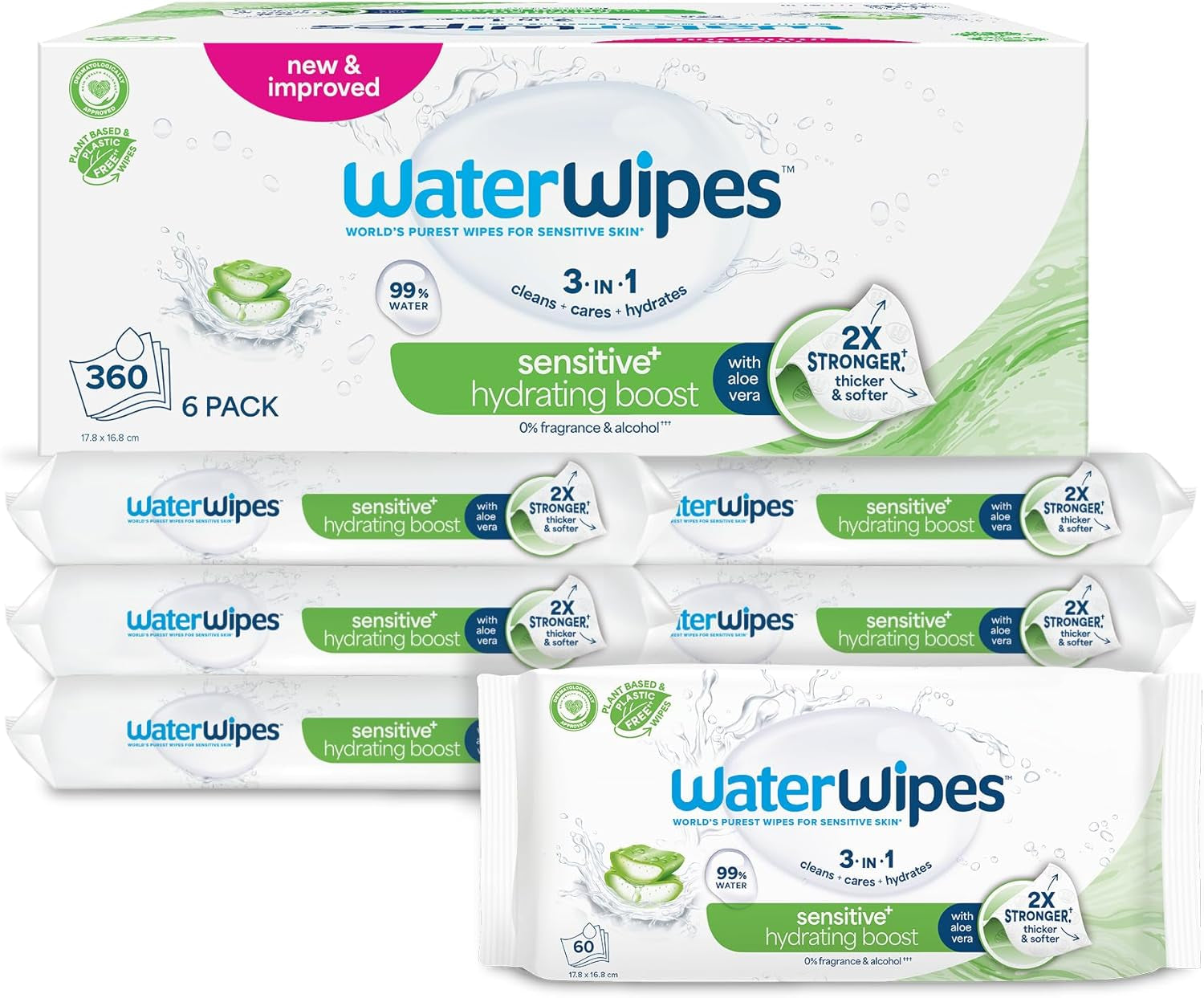 WaterWipes Sensitive+ Hydrating Boost Wet Wipes, Hydrating Wipes, 360 Pieces (6 Pack), 3 in 1 Clean, Care, Hydrate, 99% Aloe Vera Water, Unscented Baby Wipes