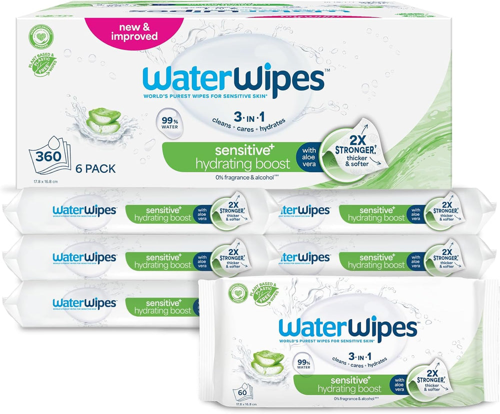 WaterWipes Sensitive+ Hydrating Boost Wet Wipes, Hydrating Wipes, 360 Pieces (6 Pack), 3 in 1 Clean, Care, Hydrate, 99% Aloe Vera Water, Unscented Baby Wipes