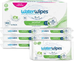 WaterWipes Sensitive+ Hydrating Boost Wet Wipes, Hydrating Wipes, 360 Pieces (6 Pack), 3 in 1 Clean, Care, Hydrate, 99% Aloe Vera Water, Unscented Baby Wipes