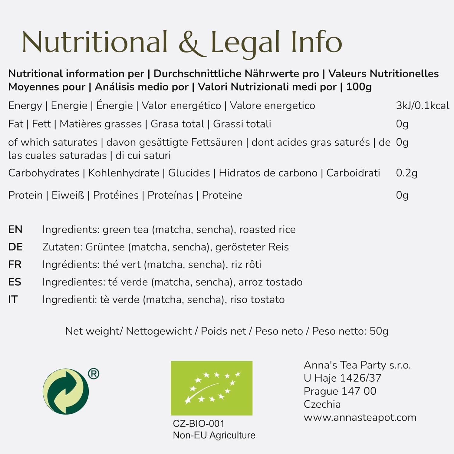 Ceai verde organic Genmaicha Anna'S Teapot - Ceai verde japonez în pliculețe cu orez brun prăjit și Matcha - 20 pliculețe piramidale în pungă resigilabilă