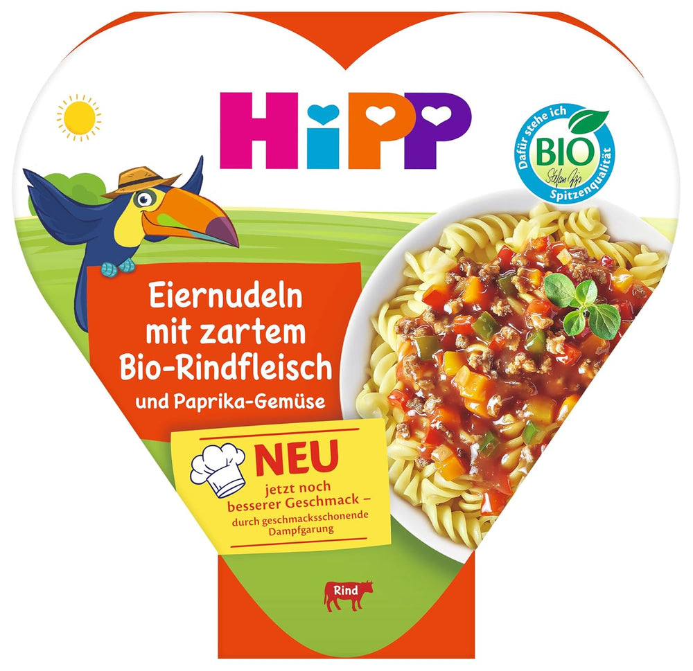 HiPP Organic Egg Noodles with Organic Tender Beef and Vegetables with Bell Pepper (6 x 250g), Meal