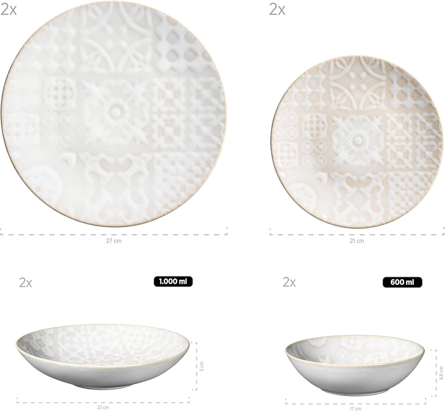 MÄSER 935079 Set de veselă vintage modern pentru 2 persoane, design maur, serviciu de masă cu 8 piese, farfurii și boluri din ceramică de înaltă calitate, gresie, alb