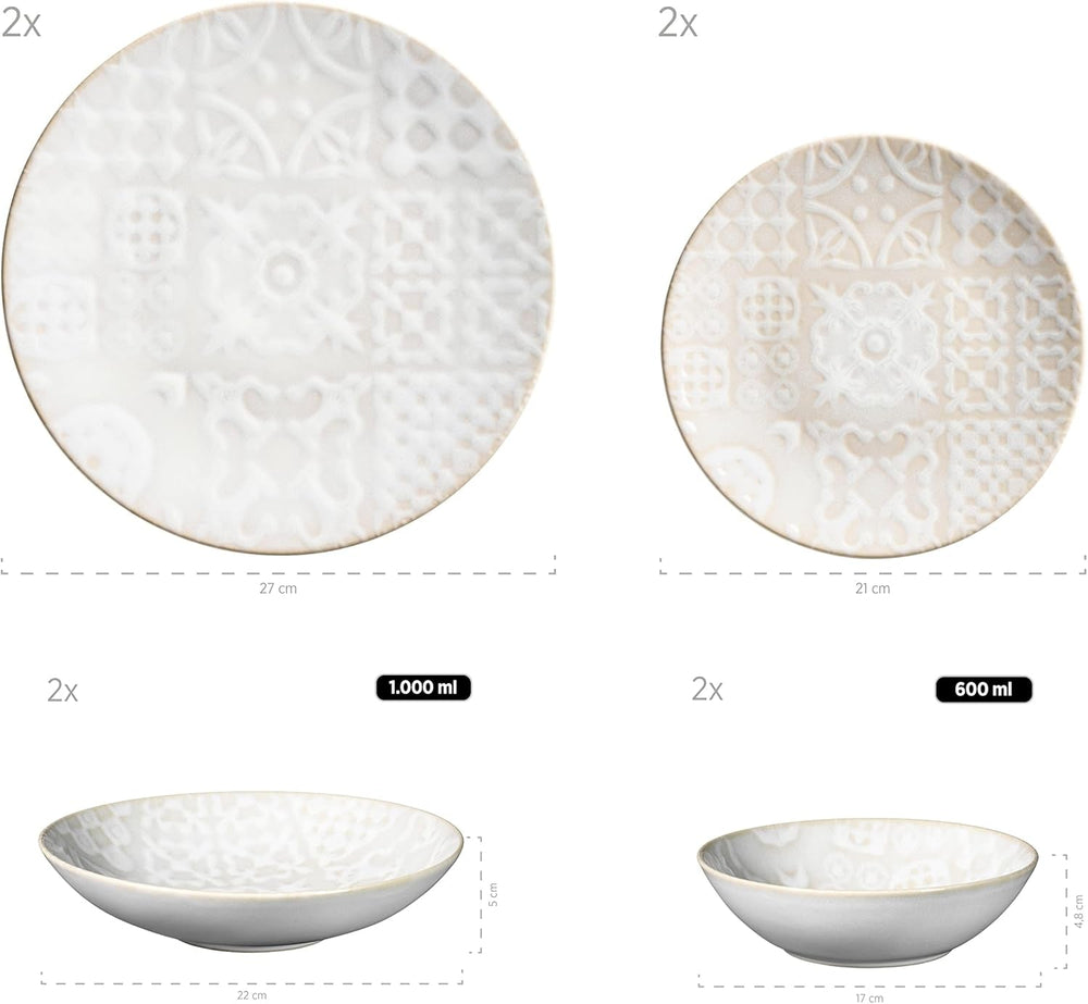 MÄSER 935079 Set de veselă vintage modern pentru 2 persoane, design maur, serviciu de masă cu 8 piese, farfurii și boluri din ceramică de înaltă calitate, gresie, alb