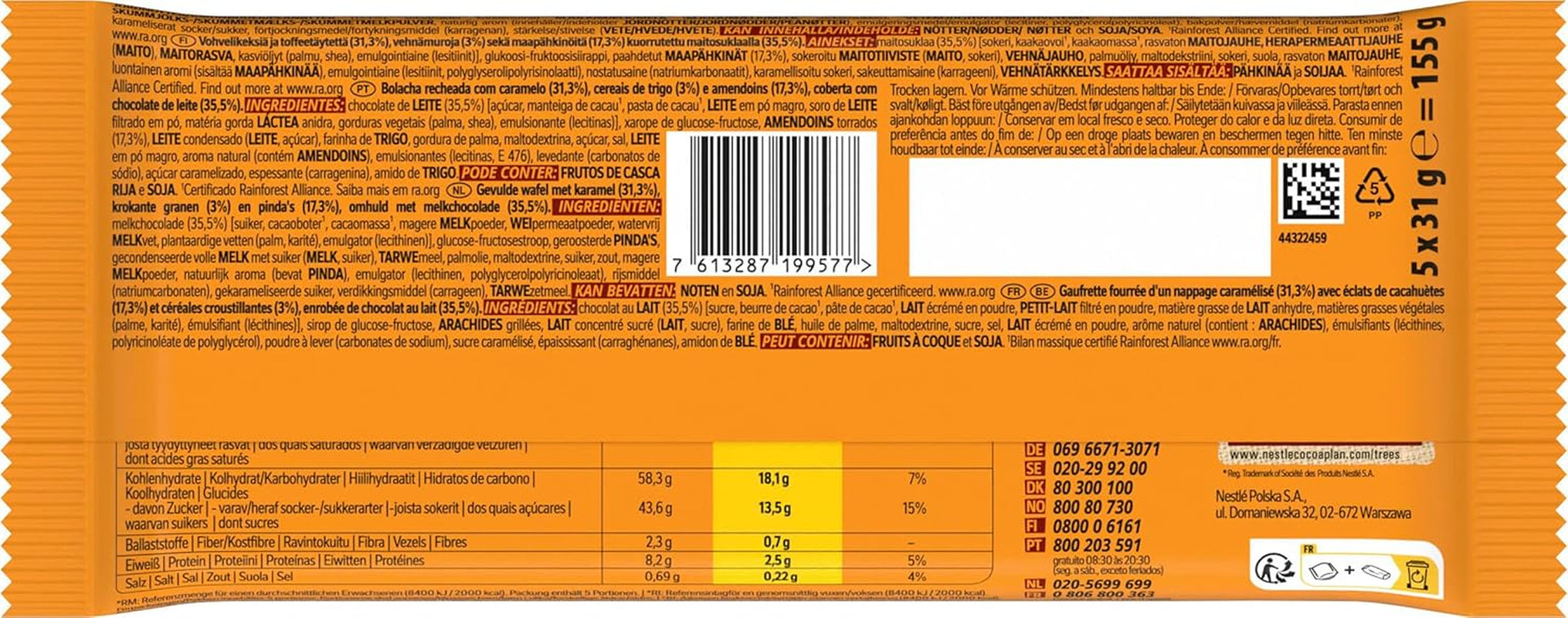 Milk Chocolate Covered Peanut Chocolate Bar, Delicious Caramel Filling, Peanuts and Crispy Wafer, Bulk Candy Pack, 1 Pack (5 x 31g)