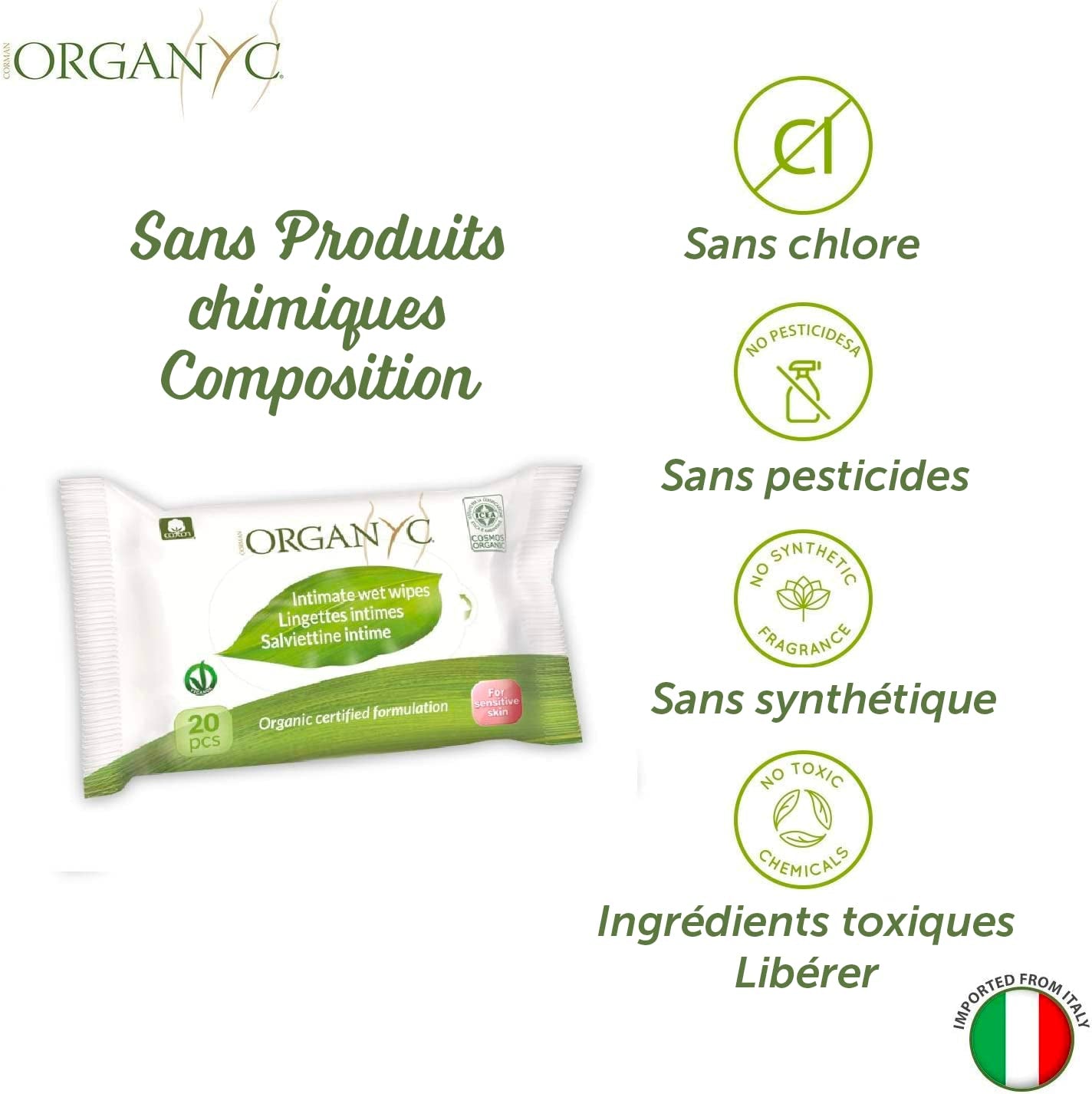 Organyc Moist Intimate Wipes, Made from 100% Certified Organic Cotton - 4 Packs of 20 Wipes (80 Wipes Total)