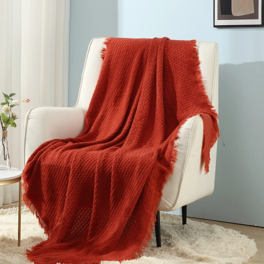 CREVENT Rust Knitted Blanket for Couch Sofa Chair Bed Home Decor Soft Warm Cozy Lightweight Spring Summer Autumn (127.8 X 152.4 cm Caramel / Brown / Burnt Orange) CREVENT Beds and Blankets Orange