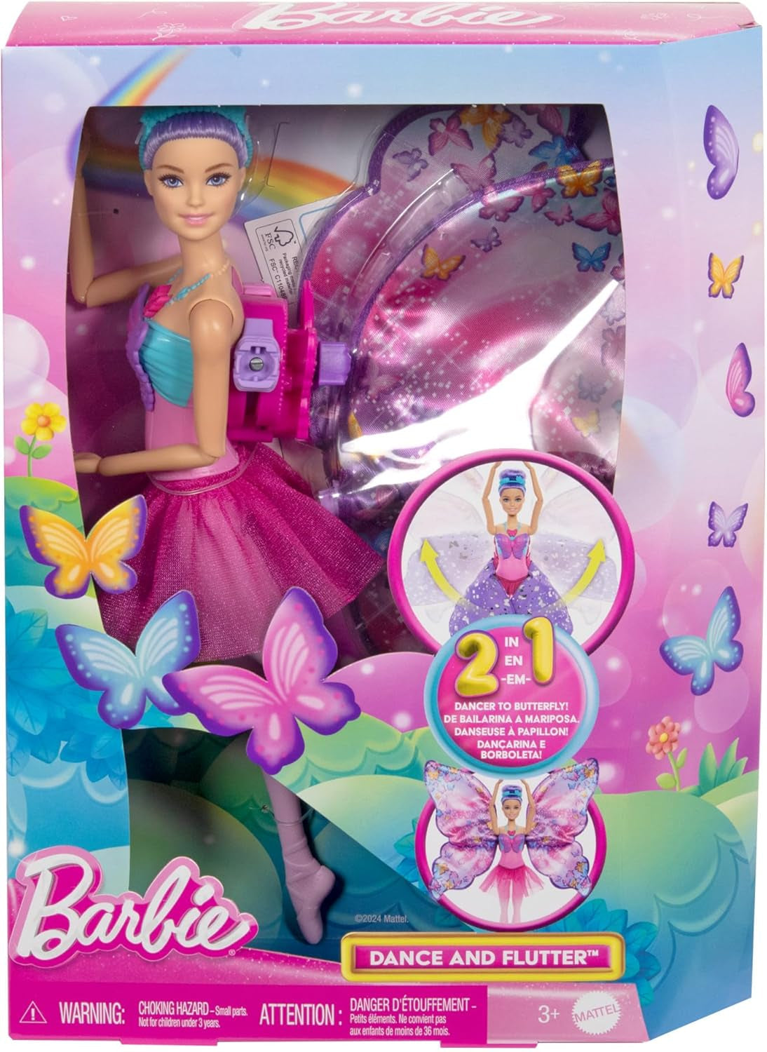 Păpușa Barbie Dance And Flutter cu transformare 2 în 1 de la dansatoare la fluture cu aripi care se deschid, păr violet, bijuterii de păr și tutu detașabil, HXJ10 Papusi Naty Shop