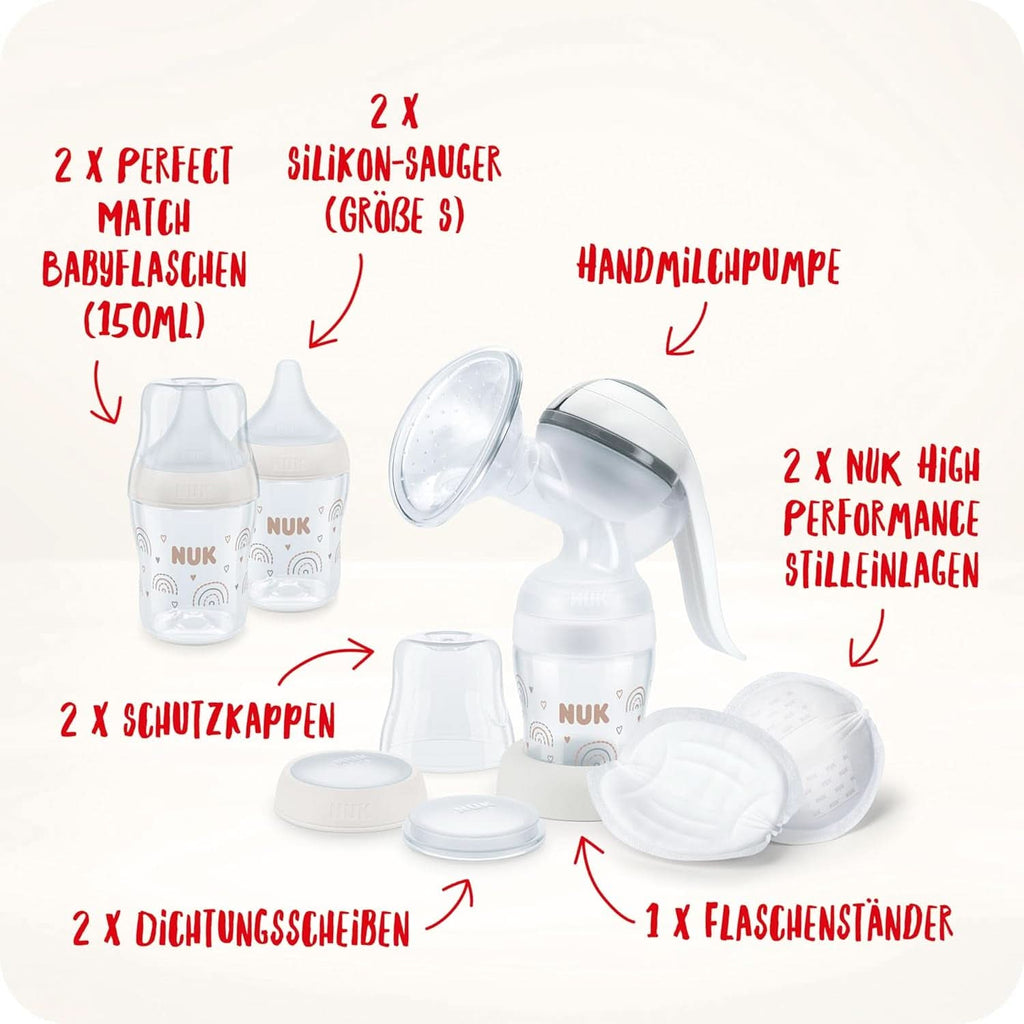 Set pompa de san manuala NUK, Pernă moale din silicon, 2 biberoane perfect combinate, 150 ml Accesorii Hrana si Alaptare Bebe Naty Shop