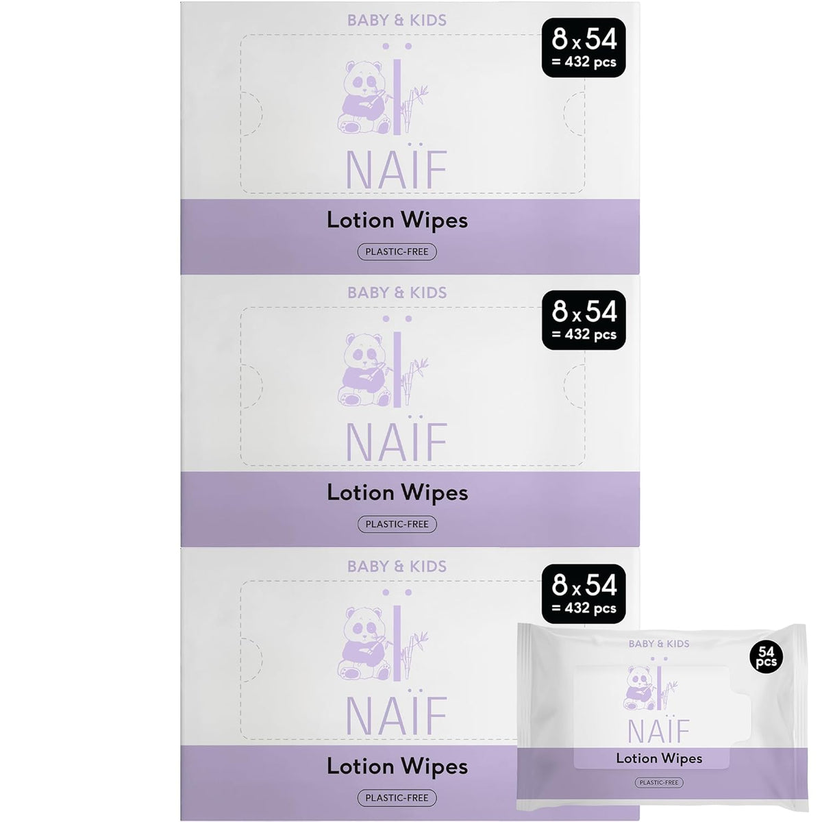 Naïf - Wet wipes with plastic-free lotion - 1296 pieces (24 packs of 54 wipes) - for babies and children - Baby's bottom, body and face - with Aloe Vera and Bamboo - 0% Fragrance and Alcohol