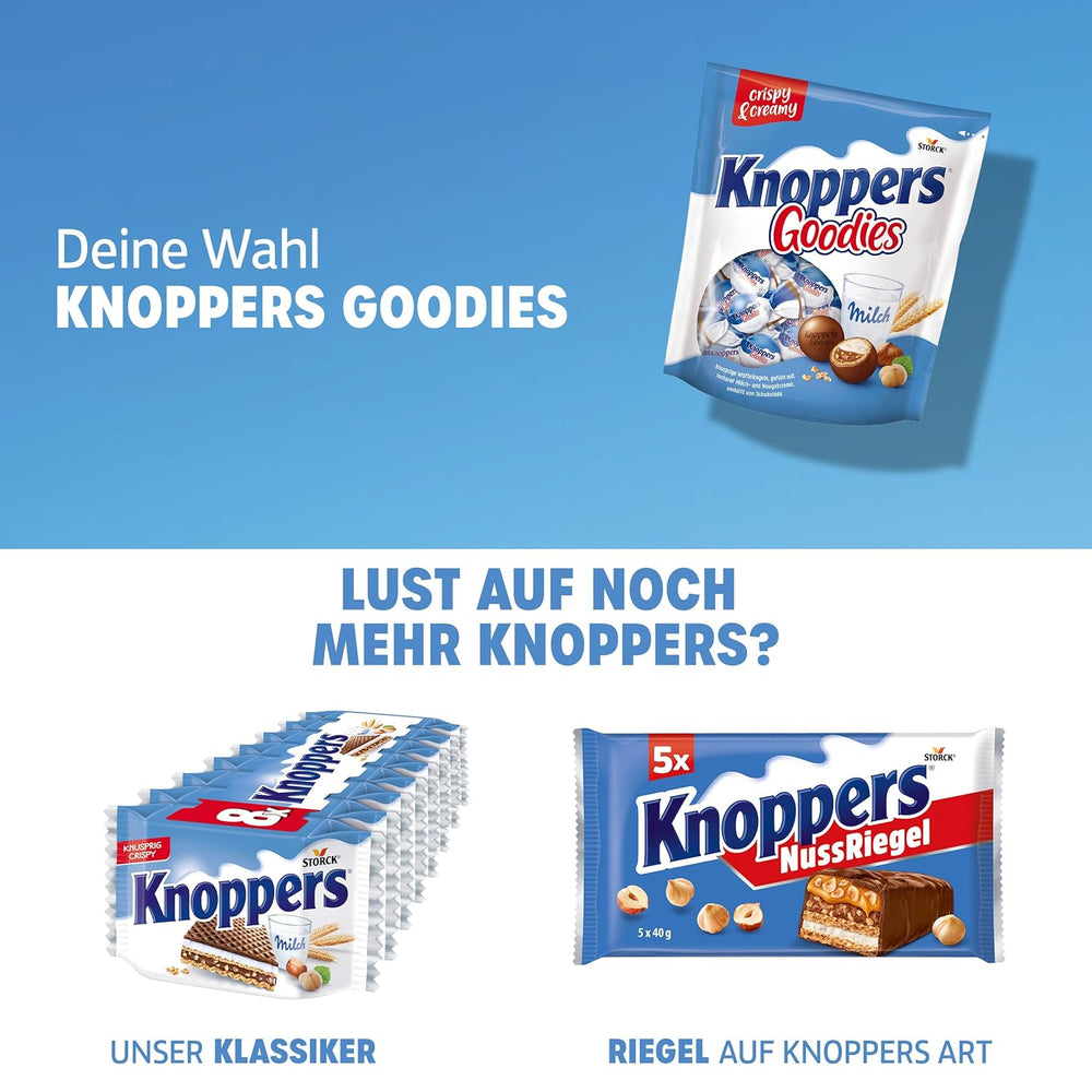 Knoppers Goodies Crunchy Minis – 1 x 180g – crunchy wafer balls filled with pieces of hazelnut, milk and nougat cream, covered in chocolate