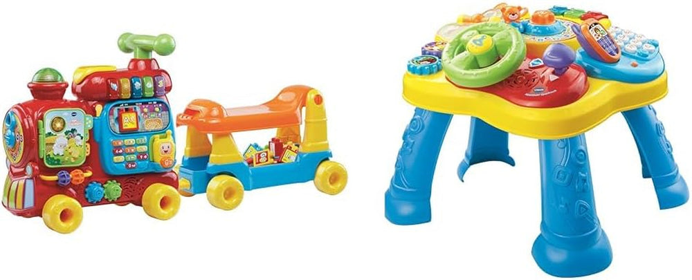 Jucărie de cale ferată VTech ABC, colorată, germană și masă de joacă pentru copii - masă de joacă colorată pentru copii cu 6 terenuri de joc și elemente interactive Jucarii Bebe Naty Shop Pachet cu masă de joacă Ambalare fără frustrări