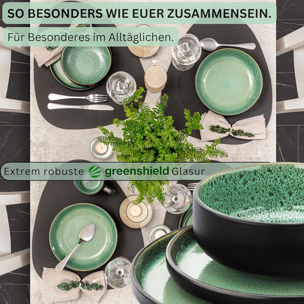 SÄNGER Greenwich | Set de veselă din gresie, 18 piese, Set de farfurii pentru 6 persoane, Set de veselă (6 farfurii de cină, 6 farfurii de desert, 6 boluri), Verde, Rezistent la zgârieturi, Veselă | COLECȚIA VALUE