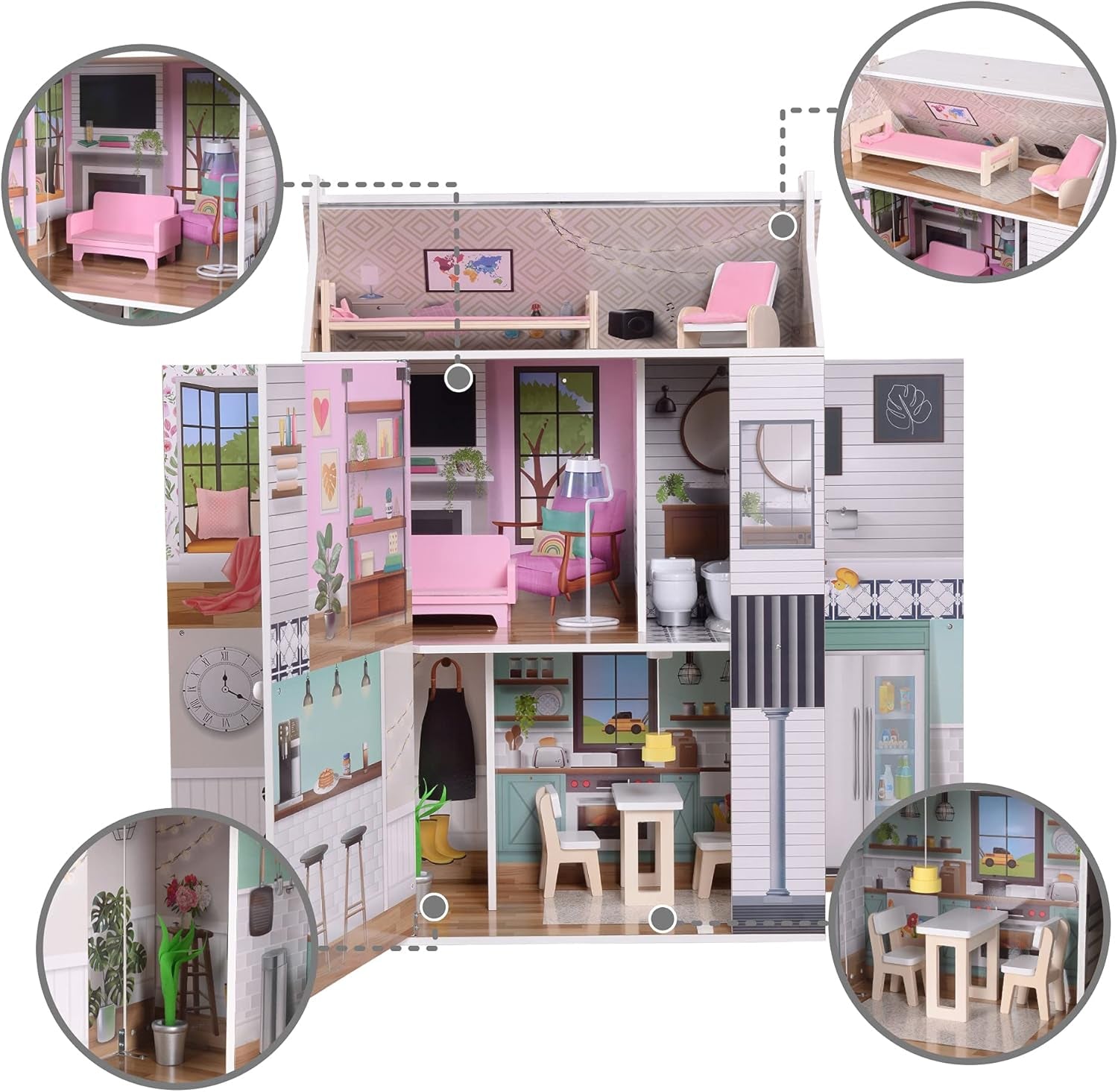 Casă de păpuși interactivă din lemn pentru copii, Olivia's Little World, Dreamland, cu 3 etaje și 13 accesorii pentru mobilier de păpuși, albă, TD-13632A
