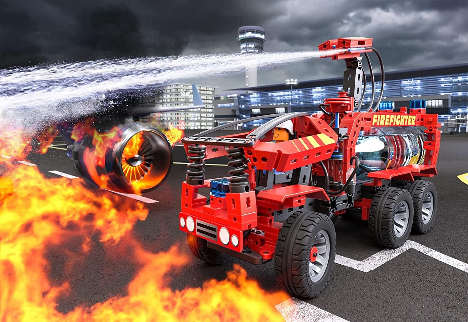 fischertechnik 564069 Advanced Firefighter – Bausatz für Kinder ab 7 Jahre, Experimentierbaukasten mit Feuerwehrauto & Spritzfunktion, promotes technical understanding, Schwarz, Mittel