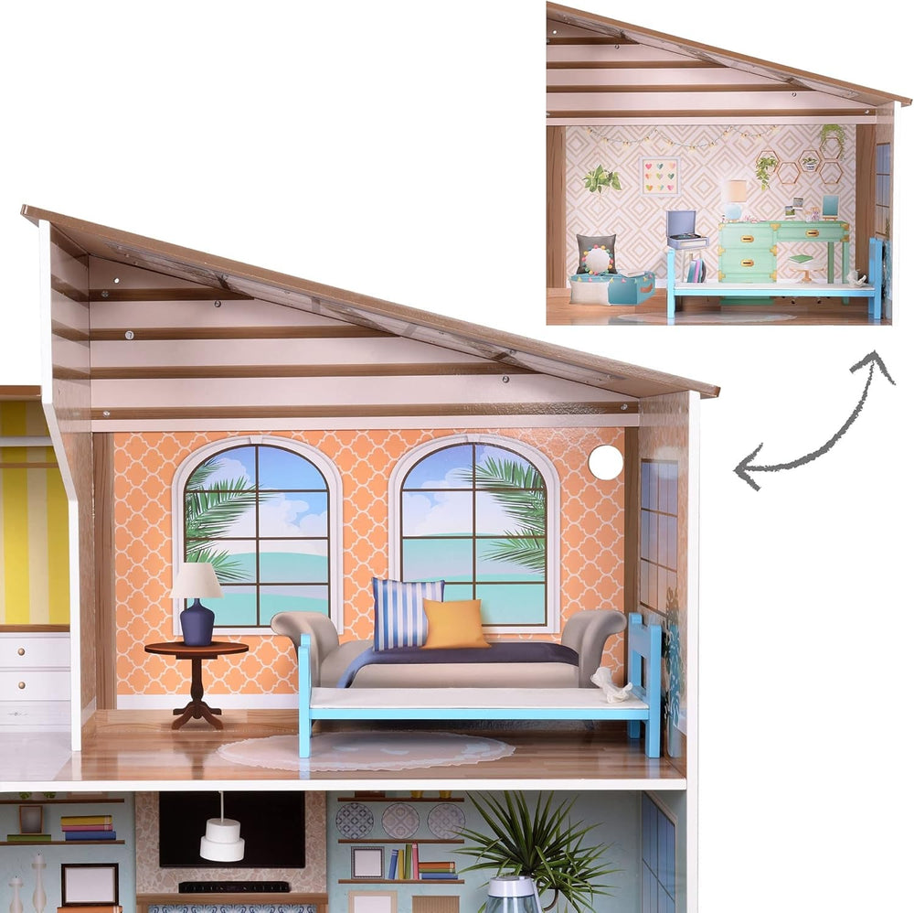Olivia's Little World, casă de păpuși interactivă din lemn pentru copii, stil mediteranean contemporan, cu 3 etaje, cu 17 accesorii pentru mobilier de păpuși, multicoloră, TD-13551B