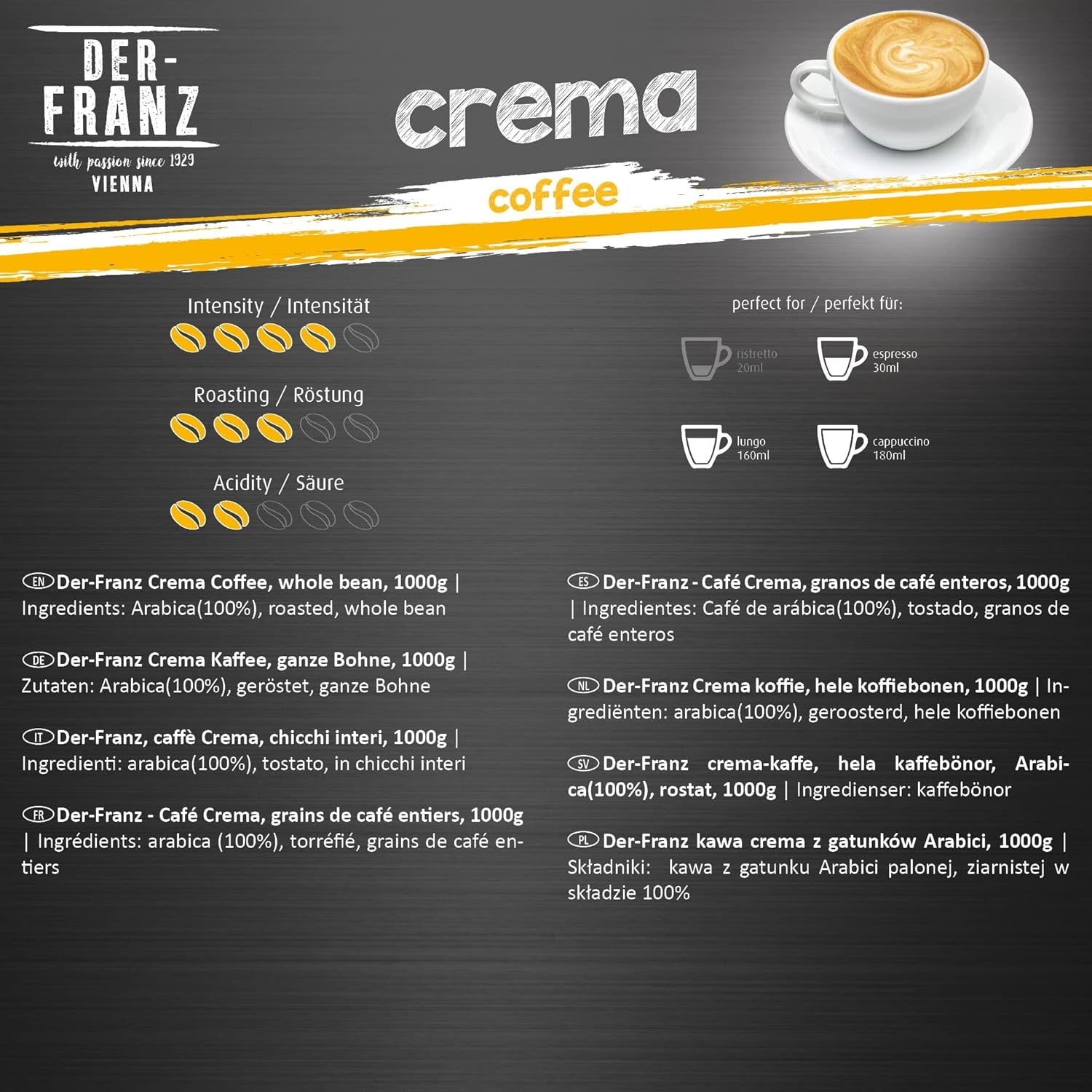 DER-FRANZ Cafea Crema, Intensitate 4/5, 100% Arabica, boabe de cafea întregi Cafea Naty Shop