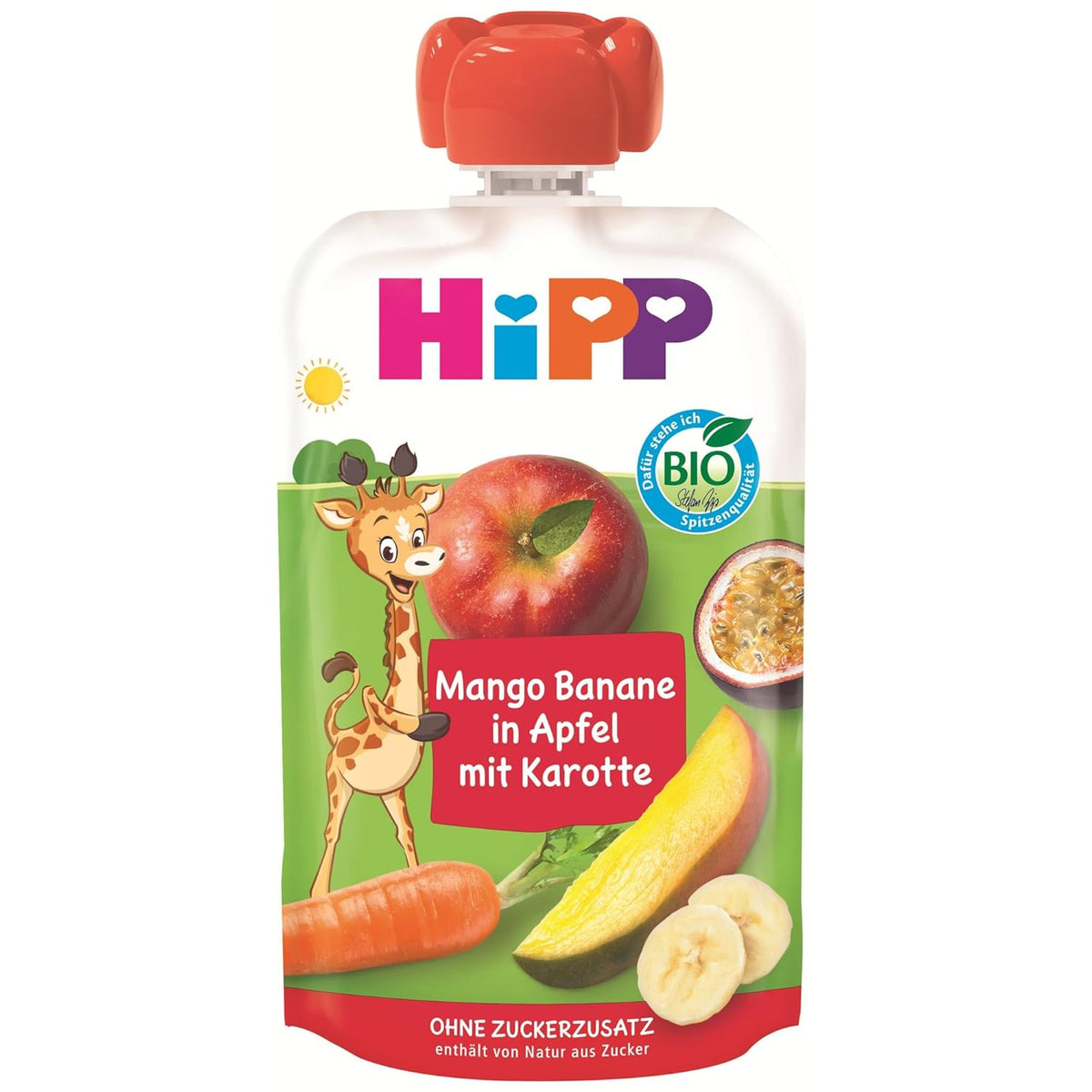 HiPP Bio Quetschie Mango-Banana in Apple with Carrot (8 x 100g), aged 1 year, Frucht- und Gemüsepüree, ohne Zuckerzusatz, vegan, in best Bio-Qualität