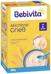 Semolina porridge with milk (4 x 500g), food for babies from 6 months, no added sugar, with valuable minerals and vitamins, very filling