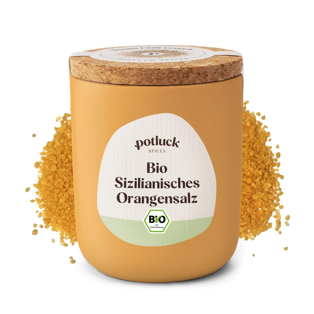 Potluck | Bio Sizilianisches Zitronensalz | Gewürzsalz für Fisch, Meeresfrüchte, Gemüse, Salad und Dressings | 140g in Keramiktopf