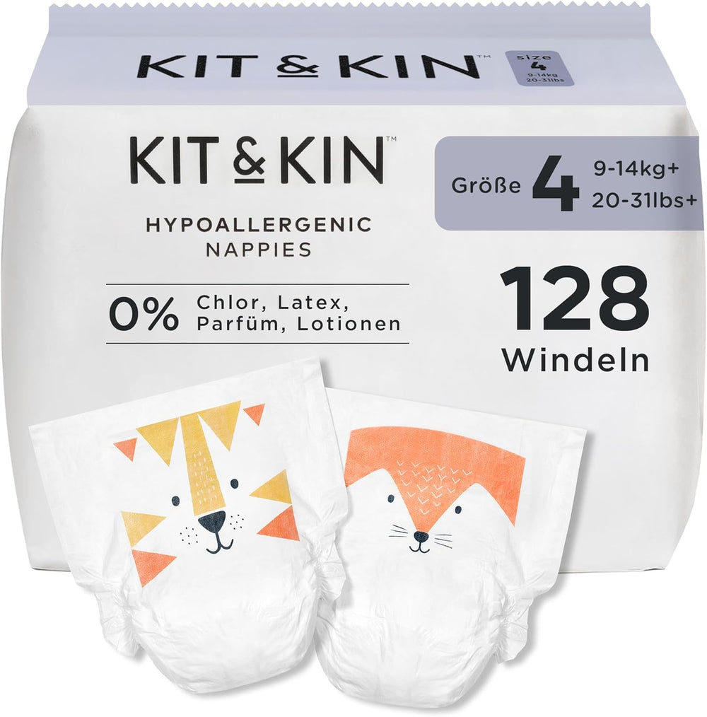 Kit & Kin Premium Diapers, Size 4 (9-14kg), 128 Count, Plant Based & Hypoallergenic, Reliable Leak Protection, Vegan & Cruelty Free