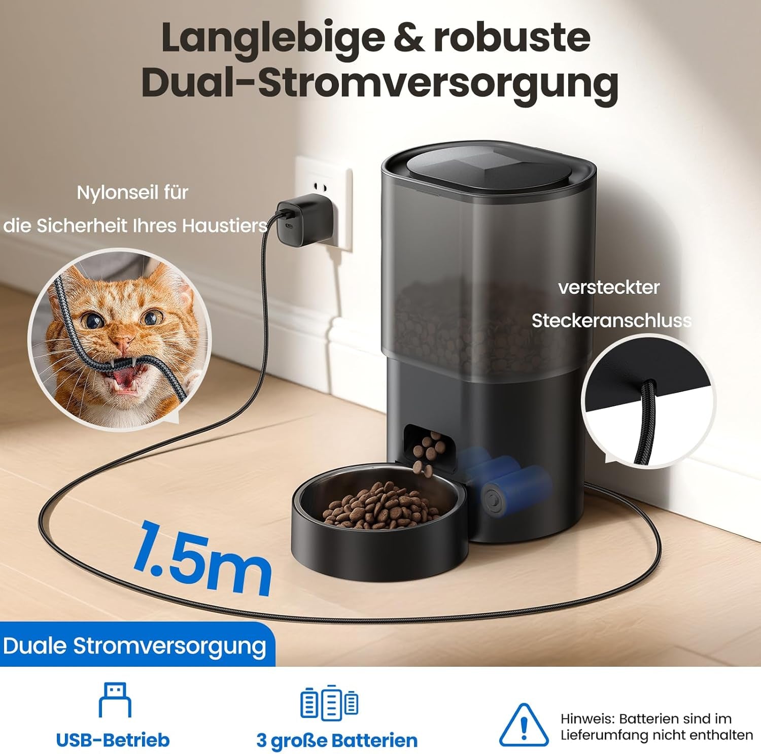 3L Automatischer Katzenfutterspender 2.5L Katzenbrunnen-Set, geräuscharmes App-steuertees Fernfütterungsgerät mit 10 Mahlzeiten per Tag, Anti-Verstopfungs-Design, ideal für Katzen & Welpen