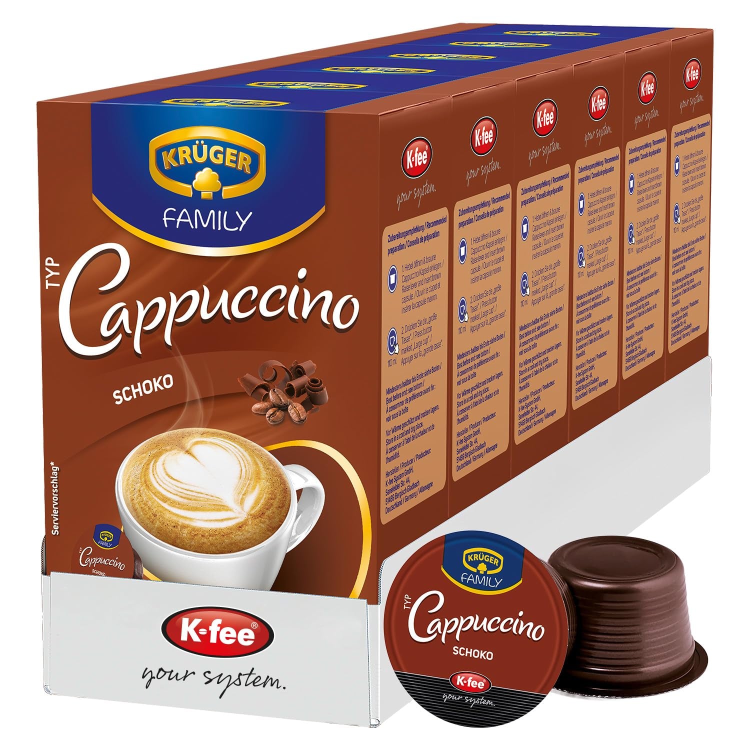 KRÜGER Cappuccino Schoko Kaffeekapseln, kompatibel mit K-fee und ALDI EXPRESSI* Kapselmaschinen, aromatisiertes Instantkaffee, 96 Kapseln