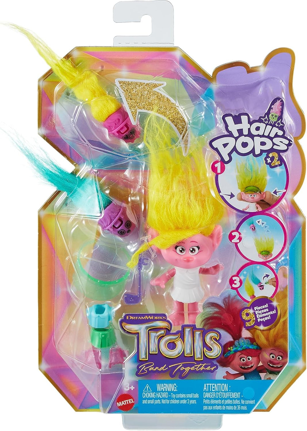 Mattel DREAMWORKS TROLLS United We Stand – Hairy Surprises Viva, păpușă cu păr de pluș galben strălucitor și 3 accesorii surpriză, pentru copii cu vârsta de 3 ani și peste, HNF11