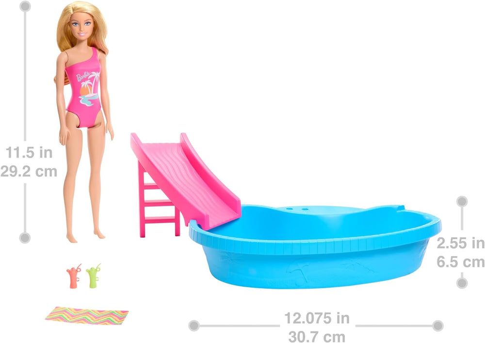 Barbie doll and accessories - pool with slide and accessories for hours of fun in the sun, pink swimsuit with tropical design, for children from 3 years, HRJ74 Naty Shop Dollhouses