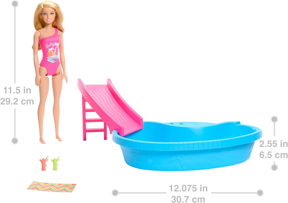 Păpușă Barbie și accesorii - piscină cu tobogan și accesorii pentru ore întregi de distracție la soare, costum de baie roz cu design tropical, pentru copii cu vârsta de 3 ani și peste, HRJ74