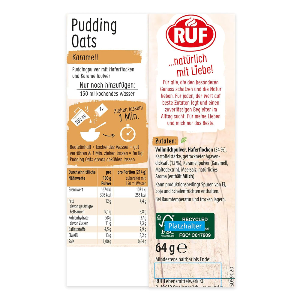 Caramel Oat Pudding, a harmonious blend of caramel pudding and whole grain oats, sugar free, sweetened with agave syrup, 1 sachet x 64g (4 pack)