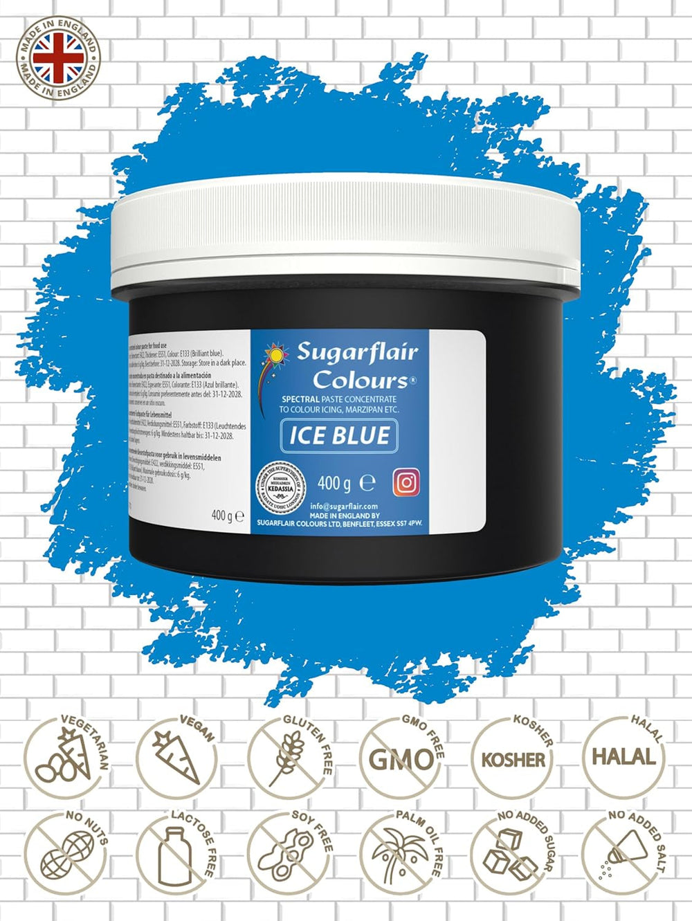 Colorant alimentar Sugarflair Ice Blue pentru paste, colorant alimentar pentru fondant și marțipan, paste concentrate Spectral - 400 g
