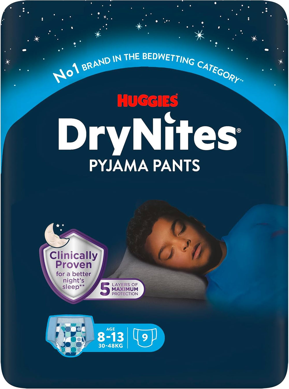 Huggies DryNites Super Absorbent Night Wetting Diapers for Boys 8-13 Years (30-48kg) 27 Count (3 x 9 Count) Panty Diapers