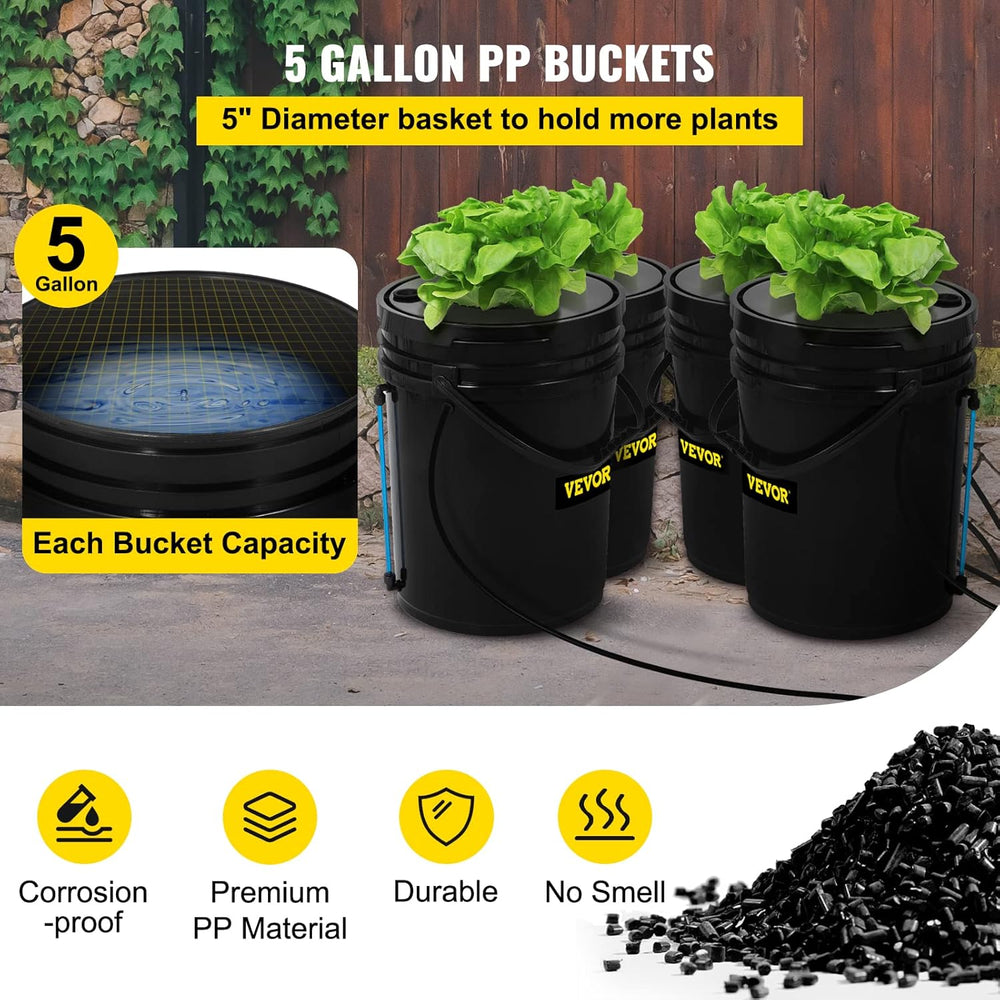 VEVOR DWC Hydroponic Grow System, Hydroponic Grow Systems, Deep Water Cultivation 4 20 Liter Buckets, DWC System with Air Pump, Air Stones and Water Level Indicator for Leafy Vegetables