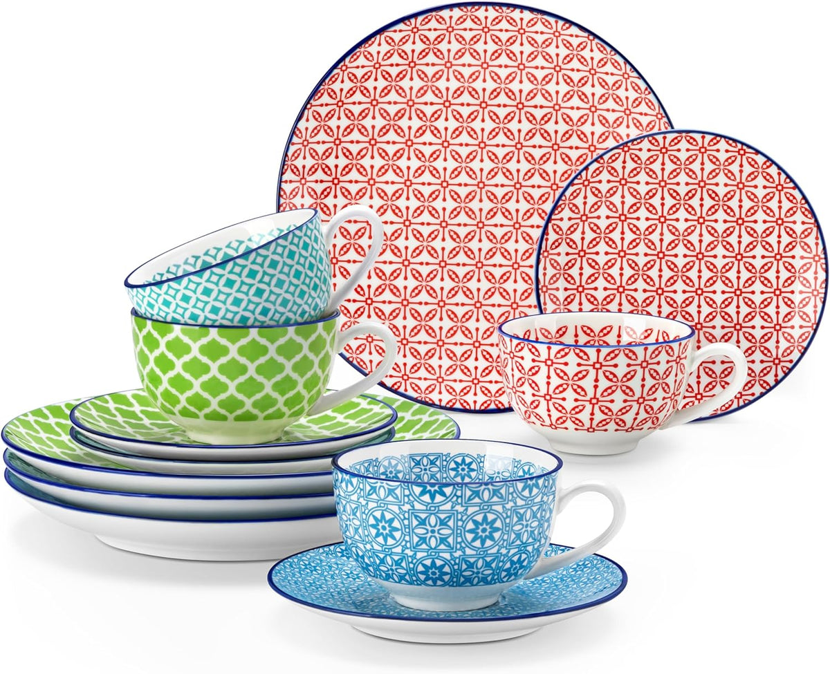 Set de cafea din porțelan, Vancasso Macaron, serviciu de cafea colorat cu 12 piese pentru 4-12 persoane, set de cești, include cești de cafea, farfurioare și farfurii de desert