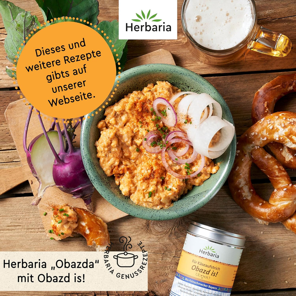 Herbaria Obazd is! bio 90g M-Dose – Bio-Gewürzmischung bayerischen Biergartenklassiker Obazda – for Brotaufstriche, Käsegerichte, Käsefondue – Raclette Gewürz - in nachhaltiger Aromaschutz-Dose