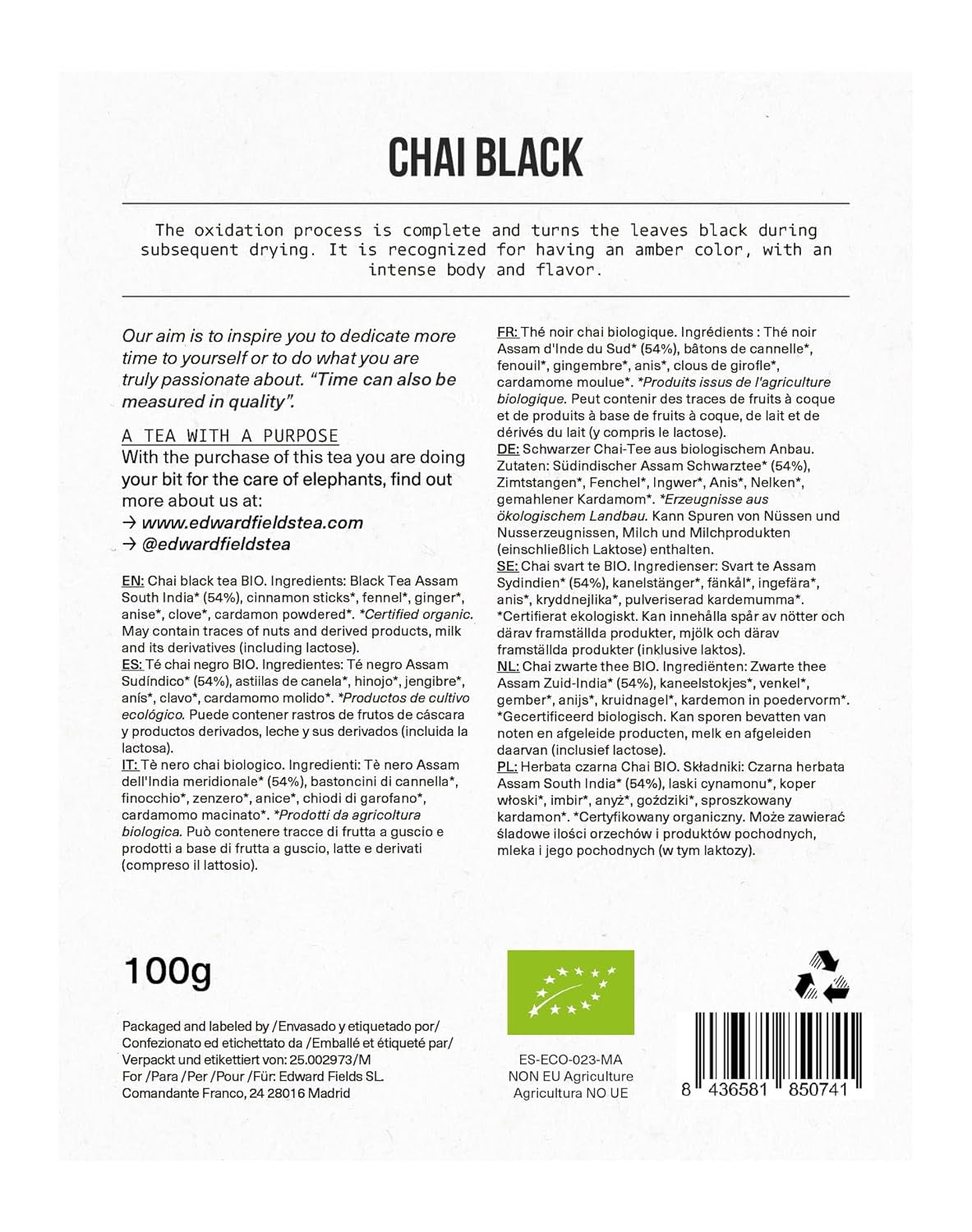 Edward Fields Tea ® - Ceai negru chai organic vrac. Ceai negru chai latte organic cules manual cu ingrediente și arome naturale și organice, 100 g, India. (Chai negru)
