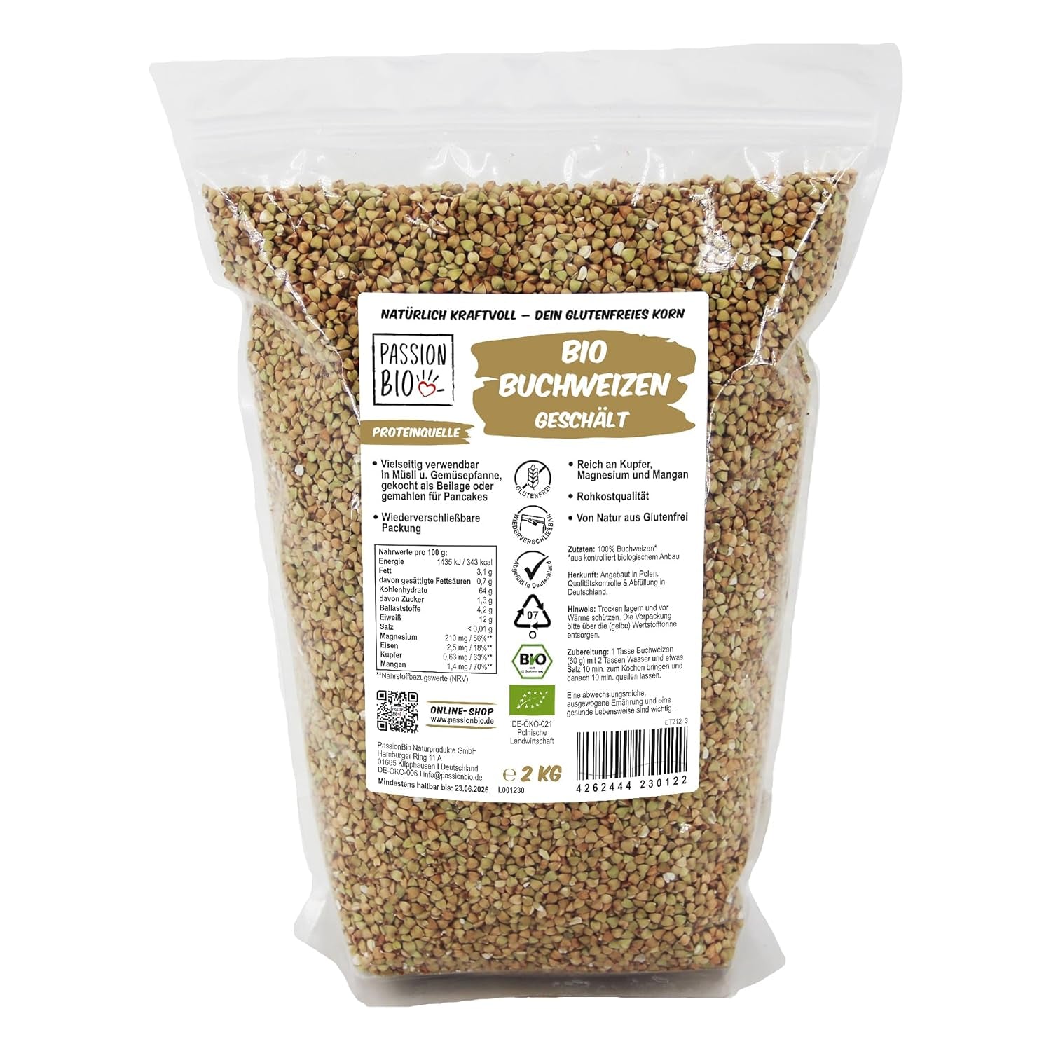PassionBio organic buckwheat 2 kg - resealable packaging - raw food grade