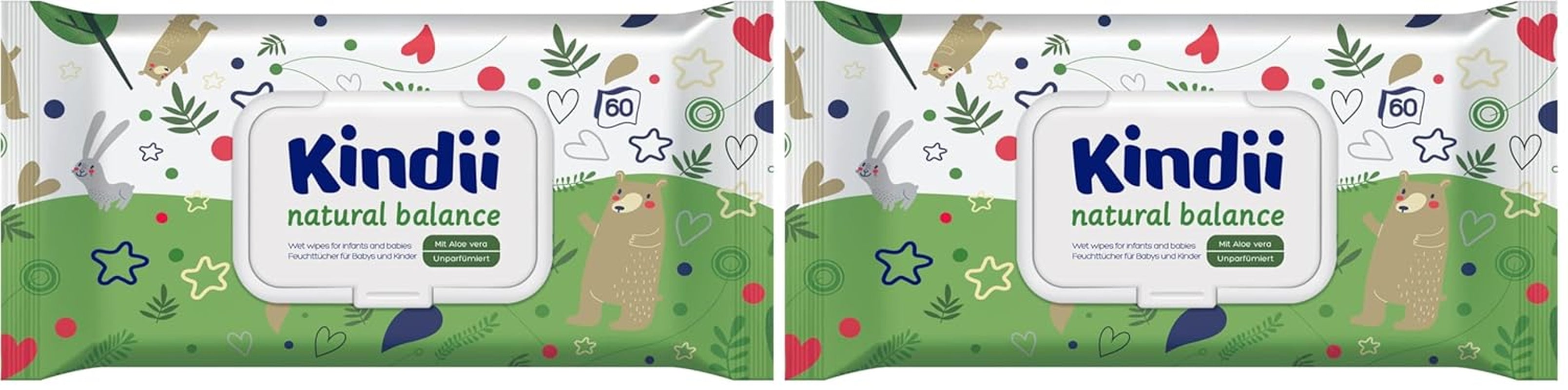 Kindii Natural Balance wet wipes for babies – (1 x 60 pcs.) Wet wipes for babies and children – Protective, Aloe Vera, Delicate fragrance – 60 pcs.