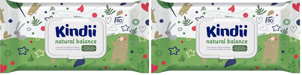 Kindii Natural Balance wet wipes for babies – (1 x 60 pcs.) Wet wipes for babies and children – Protective, Aloe Vera, Delicate fragrance – 60 pcs.