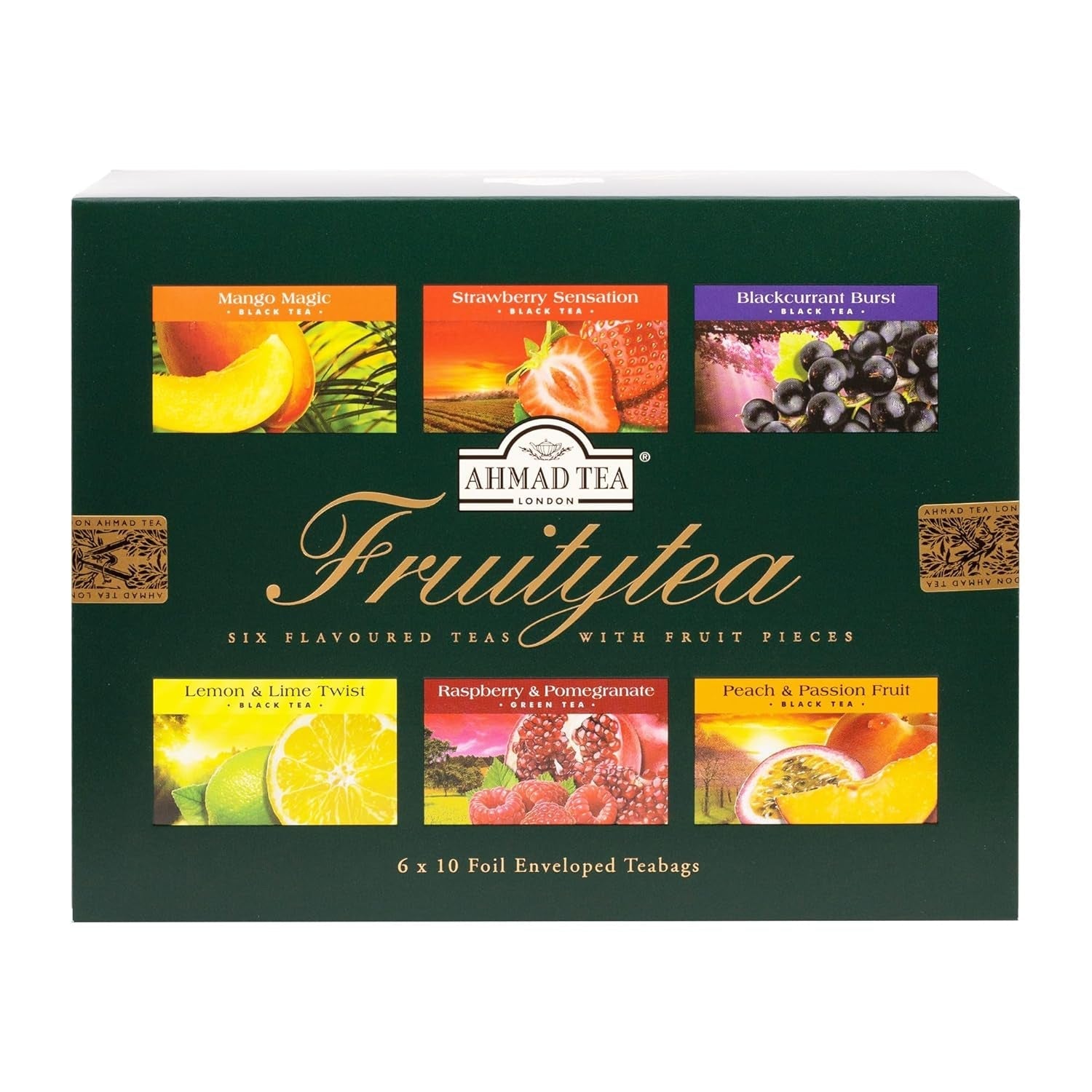 Ahmad Tea - Twelve Teas - Sortiment de 12 sortimente de ceai negru și ceai verde cu diferite arome - 60 pliculețe de ceai ambalate individual, sigilate pentru păstrarea aromelor, cu panglică, 120 g ceai